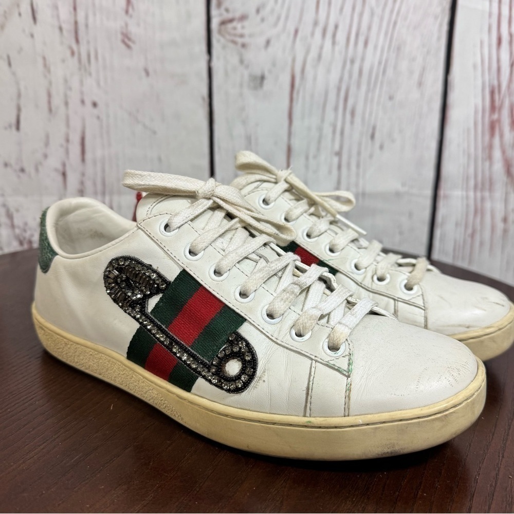 GUCCI ACE SNEAKERS embellished safety pin women’s 6.5 GUC - Picture 14 of 15